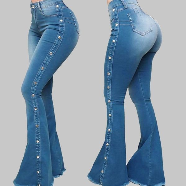 

2021 new high waist elastic women versatile broad leg rubbing horn jeans hip lift thin blue denim adjustment hf1s