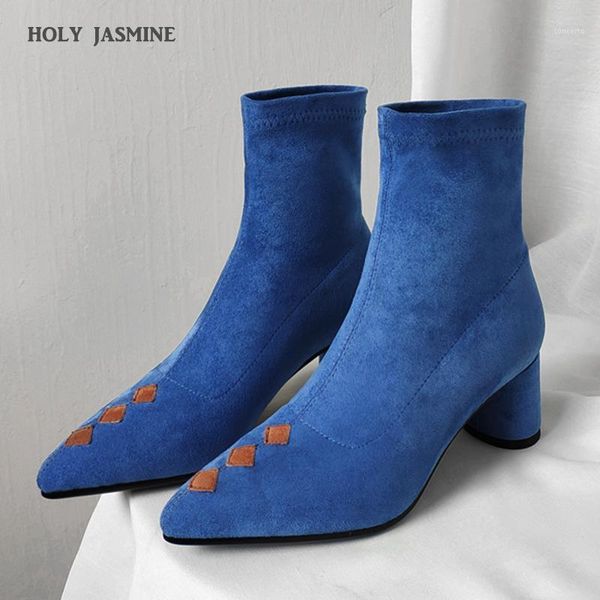 

new spring/autumn women boots stretch fabric slip-on stretch boots pointed toe round heels high (5cm-8cm) women shoes pigskin1, Black