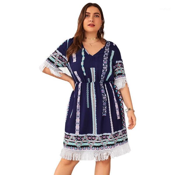 

women floral dress plus size xl 2xl 3xl 4xl blue white dress v neck short sleeve tassel dresses ladies casual large1, White;black
