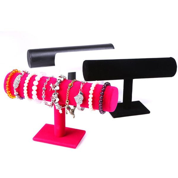 

velvet bracelet necklace display stand holder portable t-bar rack for watch bangle jewelry display pu leather jewelry organizer, Pink;blue