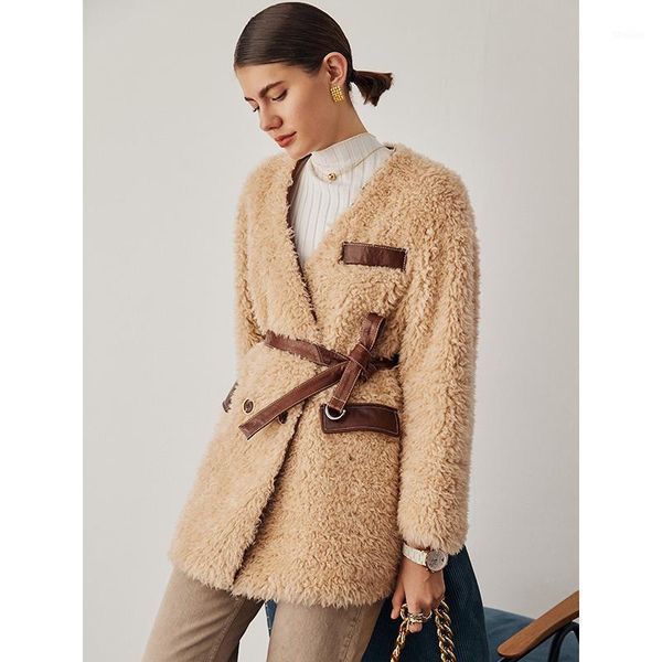 

women's fur & faux 2021 design women and jackets thick warm v-neck belt shearling jacket abrigos de mujer womens coats winter1, Black