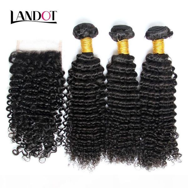 

indian curly virgin hair weaves with closure 4pcs lot unprocessed indian kinky curly human hair 3 bundles with lace closure middle part, Black