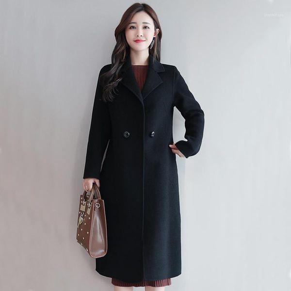 

fashion solid long wool blend coat women elegant warm turn-down collar coat women office lady autumn abrigos mujer invierno 20191, Black