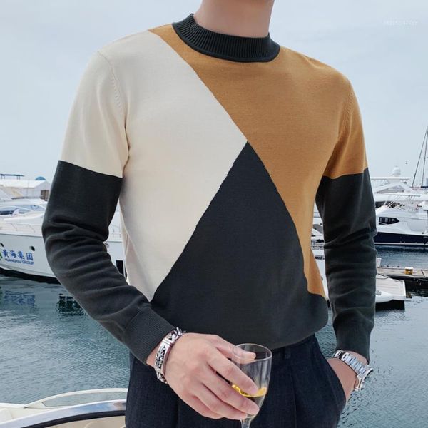 

men's sweaters contrast color british style knitted sweater fashion men turtleneck long-sleeved casual pullover black yellow1, White;black