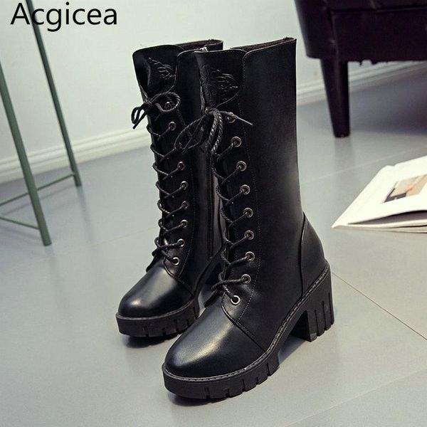 

size 35-51 nice new cross tied women boots spring autumn platform casual shoes woman novel black mid calf ladies high heels boot