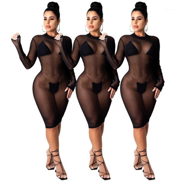 

women mesh see though long sleeve club night party bodycon midi knee length dress streewear active wear dresses1, Black;gray