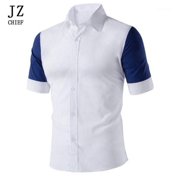 

jz chief man dress shirt slim fit short sleeve patchwork hit color social casual shirt men 2018 clothes summer button down1, White;black