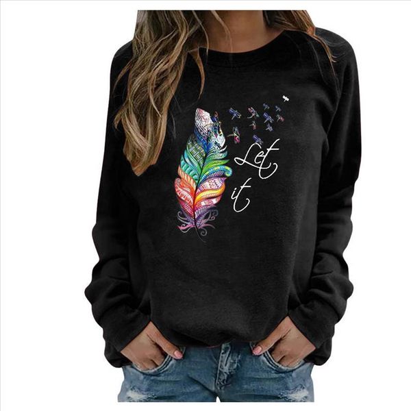 

autumn feather print o neck sweatshirt 2021 elegant long sleeve women pullover casual loose hoodies tracksuit streetwear, White