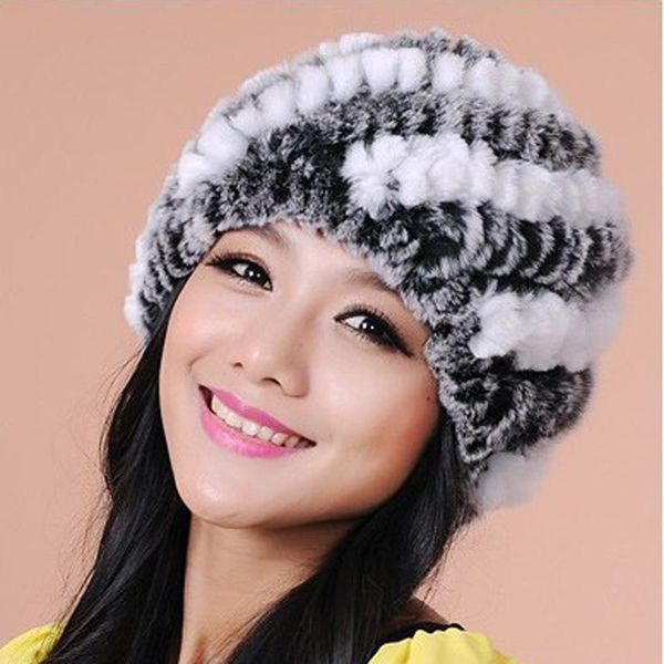 

beanie/skull caps winter warm women knitted real rex fur hat natural striped cap lady headwear beanies vintage fashion 2021, Blue;gray