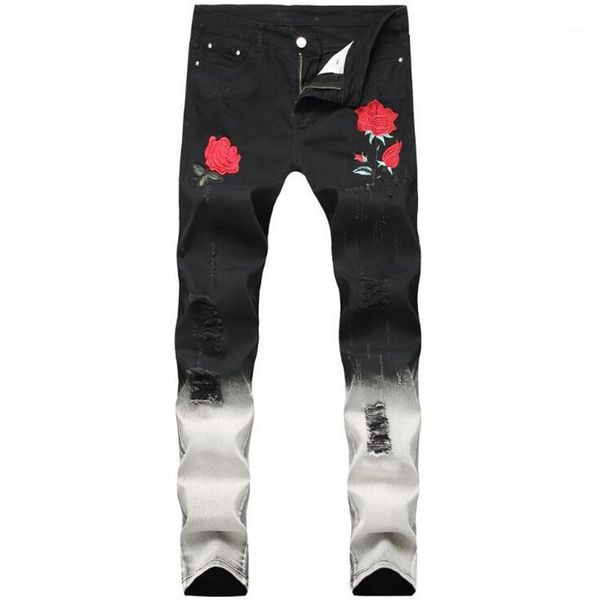 

2020 new arrival men's rose embroidered slim jeans patchwork fashion hole hit color jeans pencil pants1, Blue