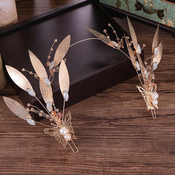 

hair clips & barrettes baroque leaf hand wired bridal headpiece headband gold rhinestone women head chain crystal wedding vine tiara accesso, Golden;silver