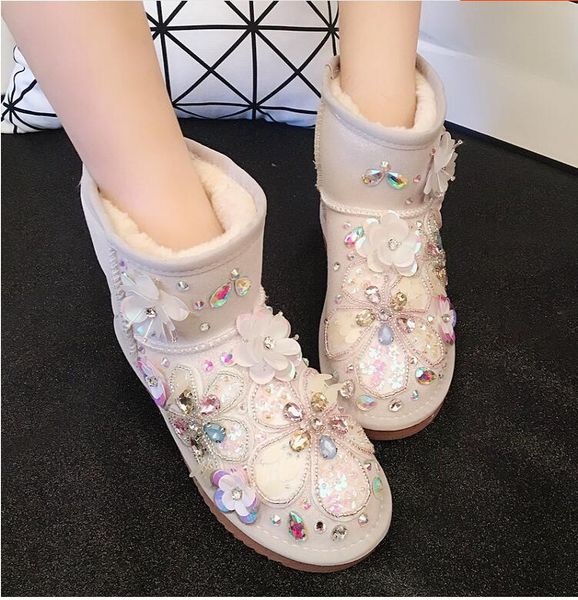 

2020 new winter made by hand beads pearl flower leather snowboots tube thick anti-slip cotton boots children 2lmg, Black