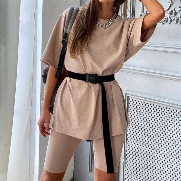 

summer new fashion women two piece outfits casual loose t shirt shorts two piece set, Gray