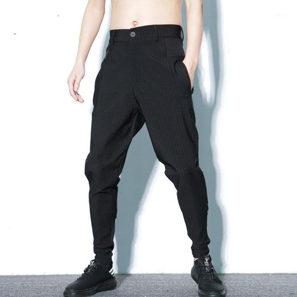 

#1724 summer thin pencil harem pants men with zipper fashion hip hop pants black striped streetwear high street joggers men 20201
