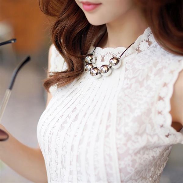 

women office lady lace blouse summer autumn sleeveless white blouse femme stand collar work wear blusas verano mujer 2020