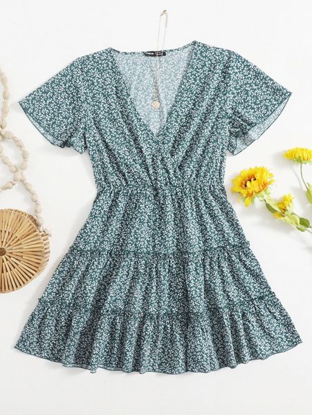 

surplice neck frill trim ditsy floral dress g9rh#, Black;gray