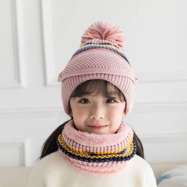 

style winter add velvet and matching color children's knitted cap scarf mask three-piece set for cycling, warm and thickened wool hat, Yellow