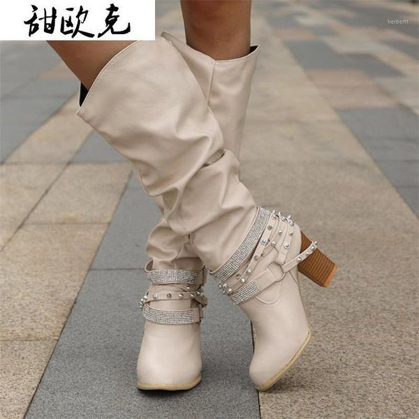 

boots 2021 fashion women winter women's buckle strap knee -high long rivet botas de mujer1, Black