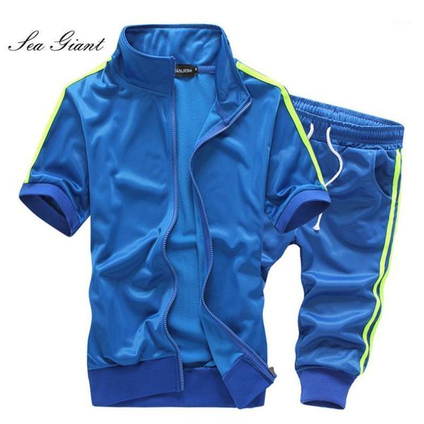 

2018 men track suit set short sleeve stripes sportswear fitness suit summer jogger shorts zipper tracksuit set sudaderas hombre1, Gray