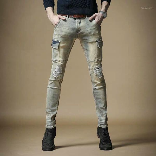 

new fashion men's male casual jeans retro stretch hip hop street slim hole slim stitching pants denim overalls1, Blue