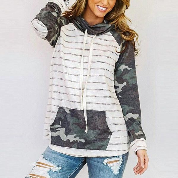 

fashion women scarf collar drawstring camouflage splicing hoodies casual long sleeves pocket loose sweatshirts pullover #g3, Black