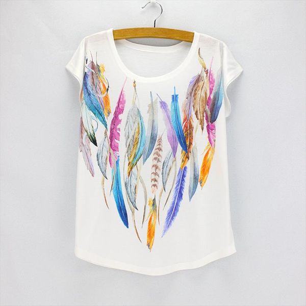 

fashion colorful feather printing t shirt women 2021 new american amp; european vogue design girls tees wholesale, White