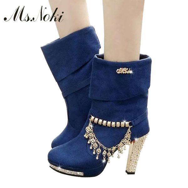 Heißer Verkauf-Ms. Noki High Heels Schuhe Pelzstiefel für Mädchen Damen blau/schwarz Flockschuhe für Damen Winter Büro Dame Stiefeletten quadratischer Absatz
