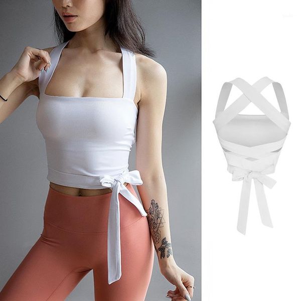 

fashion woman yoga vest internal chest pad cross straps on back yoga tank summer tight crop shirts1, White;red