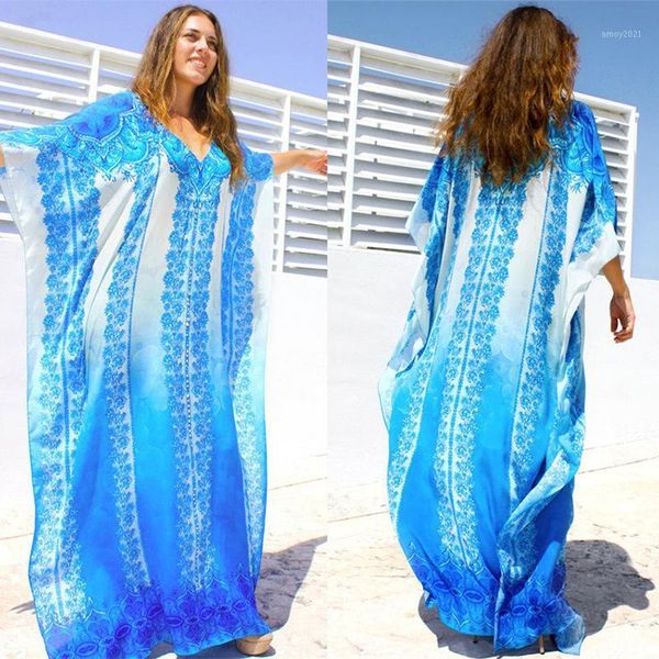 

women's swimwear europe and america cotton blue white positioning printed beach skirt holiday sun-resistant one piece long skirts bikin, White;black