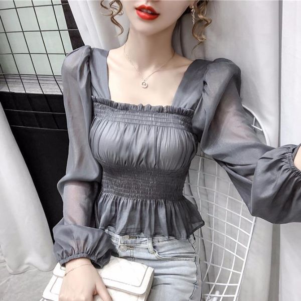 

women's blouses & shirts french collarbone square neck shirt fall 2021 retro design short sleeve chiffon top, White