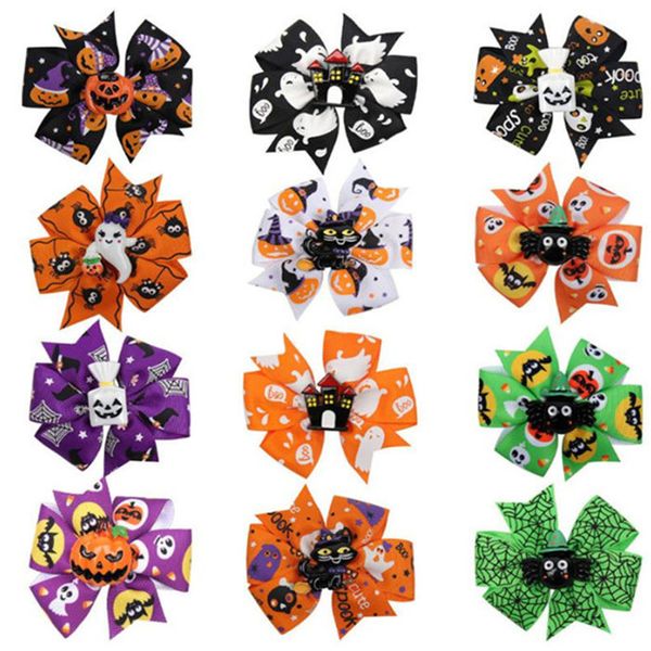 

baby grosgrain ribbon bows with clip girls kids ghost pumpkin baby girl pinwheel hair clips hair pin accessories 12 style yhm113-1, Slivery;white