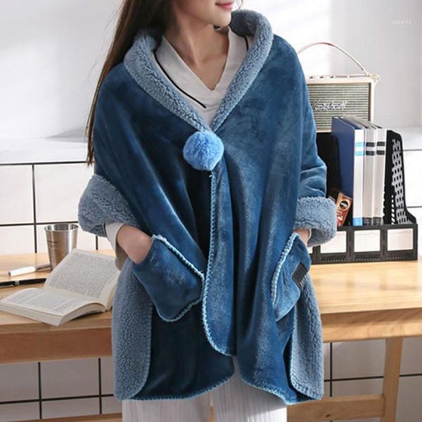 

women fleece jacket plush blanket thick soft throw scarf coat on sofa bed plane travel cashmere portable winter warm shawl gift1, Black;brown