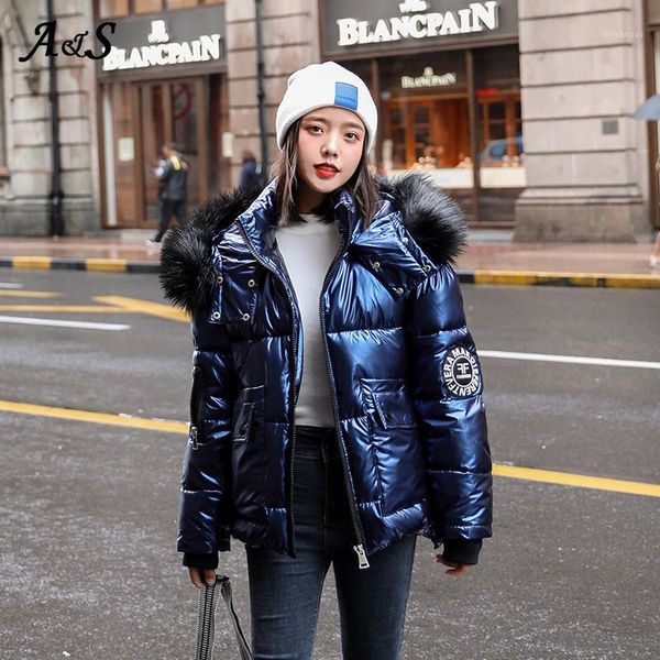 

glossy winter jacket women coat parka fur hood warm thicken ladies puffer coat warm winter parkas mujer thicken casaco jacket1, Black