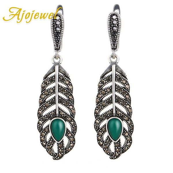 

dangle & chandelier ajojewel retro style green resin feather earrings for women unique jewelry vintage ladies black rhinestone drop bijoux, Silver