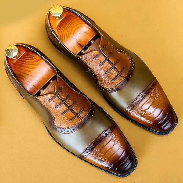 Plus Size Vintage Genuíno Couro Formal Dress Semi Brogues Sapatos Pontuação Festa de Casamento Homens Oxfords Para Senhores Deputados