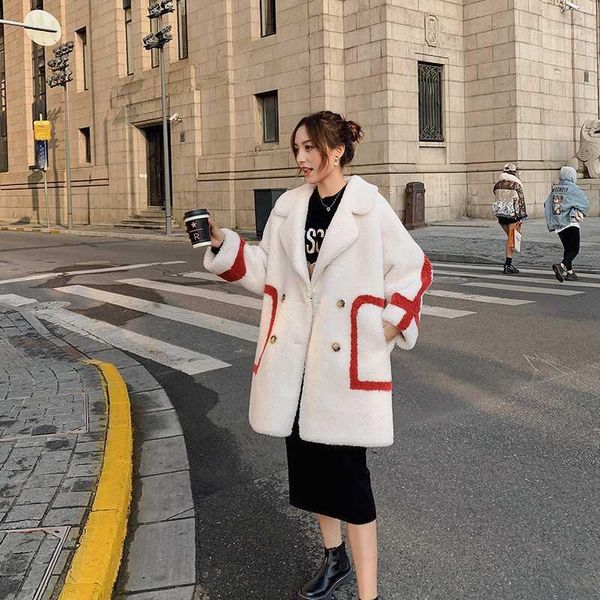 

women's fur & faux women lamb plush coat outwear long winter warm jacket korean loose thicken parkas plus size ladies lambswool overcoa, Black