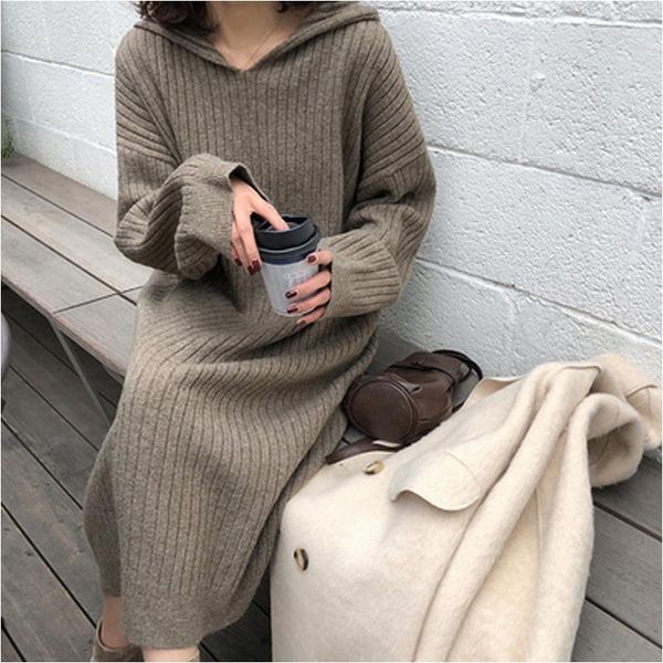 

casual dresses women sweater dress 2021 autumn winter knitted vestidos loose lazy style hooded knit robe thick warm plus size 4xl, Black;gray