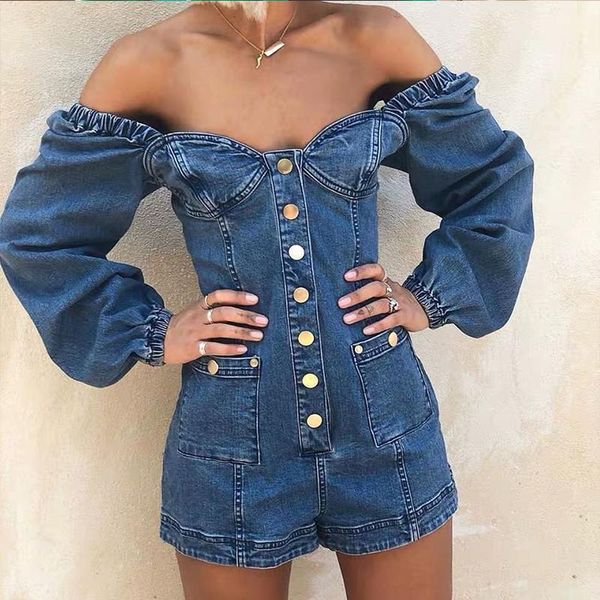 

mosimolly 2020 vintage button denim jumpsuit rompers women long sleeve off shoulder short denim rompers playsuits1, Black;white