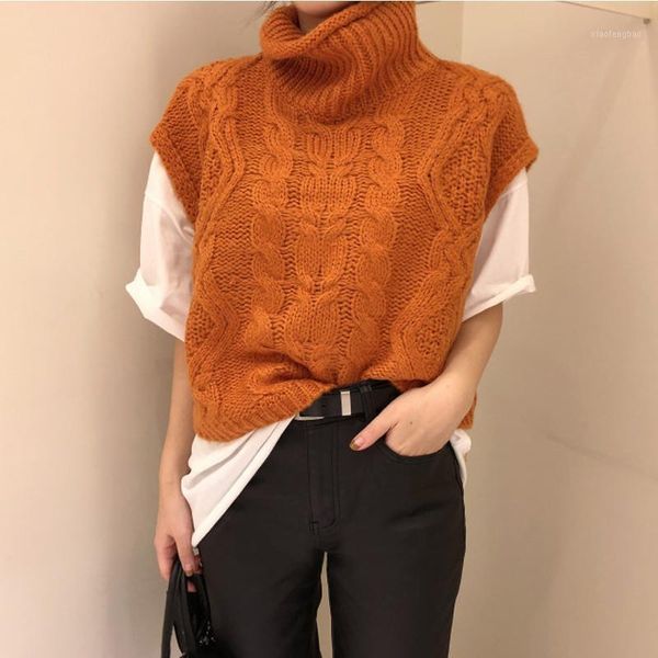 

women's new fashion knitted vest sweater turtleneck sleeveless loose vents female pullovers women clothing1, White;black