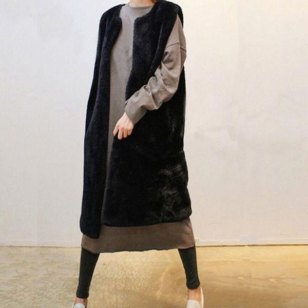 

women's fur & faux women vest coats jackets long, Black