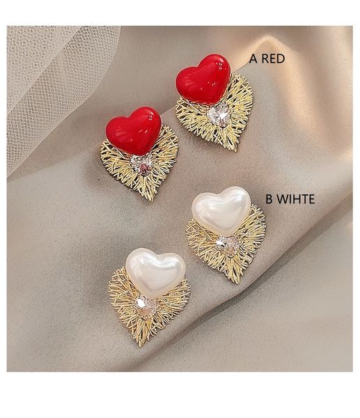 

2020 new sweet white red heart-shaped pearl imitation diamond bird nest shaped earrings 408, Golden;silver