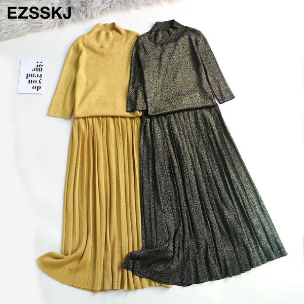 

new glitter women sweater pullover pleated dress 2-piece set elegant knitted suit slim jumper autumn winter dress suit, White