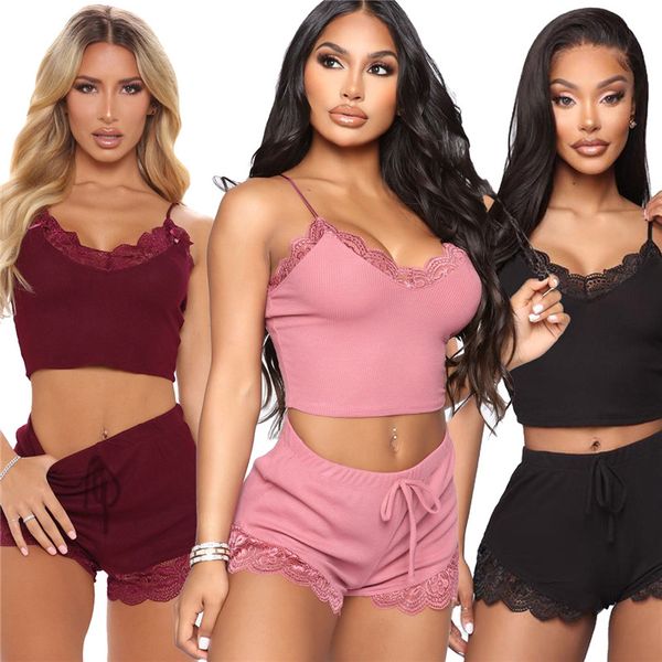

lace panelled womens designer sleepwears spaghetti strap short pants womens 2pcs nightwears casual females underwears, Black;red