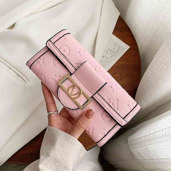 

2022 factory wholesale fashion buckle wallet women's long simple large capacity printing handbag student wallet card bag, Red;black