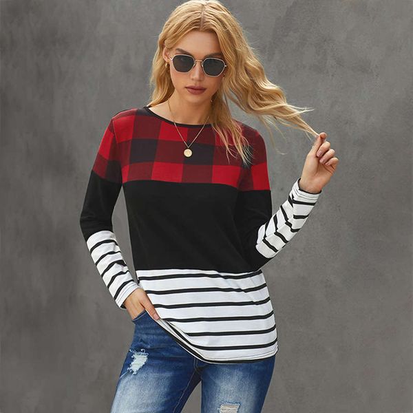

shiying t-shirt new autumn stripe stitching street style round neck long sleeve women's 2521489, Black;gray
