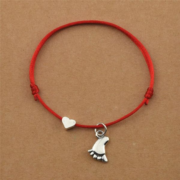 

red handmade string cords heart baby footprint foot charms bracelets for women girls wife baby jewelry gifts, Golden;silver