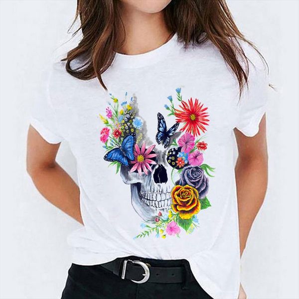 

t shirt for women printing floral kawaii skull butterfly halloween print lady t shirts female tee womens graphic shirt, White