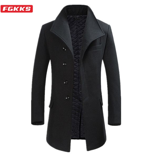 

fgkks winter new wool blend coats men quality brand men's fashion luxurious wool overcoat solid color casual wool coat male 201120, Black