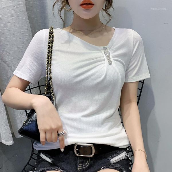 

women's t-shirt women 2021 spring summer short sleeve t shirt fashion casual diamond black and shirt1, White