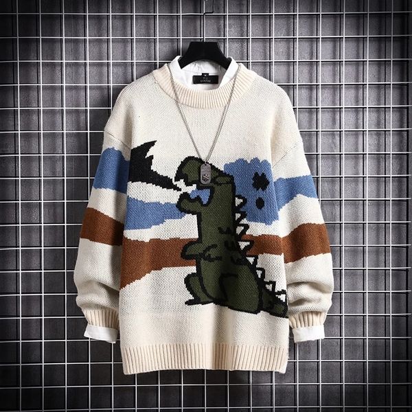 

2021 new mens autumn casual fit knitted dinosaur pattern slim sweaters cotton long sleeve round collar male warm pullovers iiye, White;black